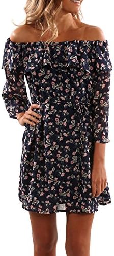 Yuandy Women Summer Off Shoulder Strapless Floral Print Pleated Dresses