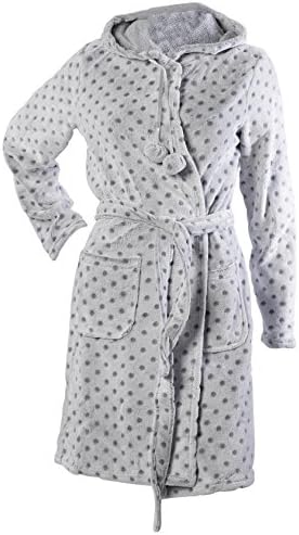 Ladies Polka Dot Dressing Gown Womens Hooded Soft Fleecy Wrap Around Bathrobe Small (Silver)