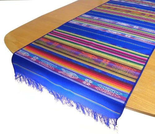 Minga Serape Hand Woven Traditional Fish Pattern Table Runner, Deep Blue