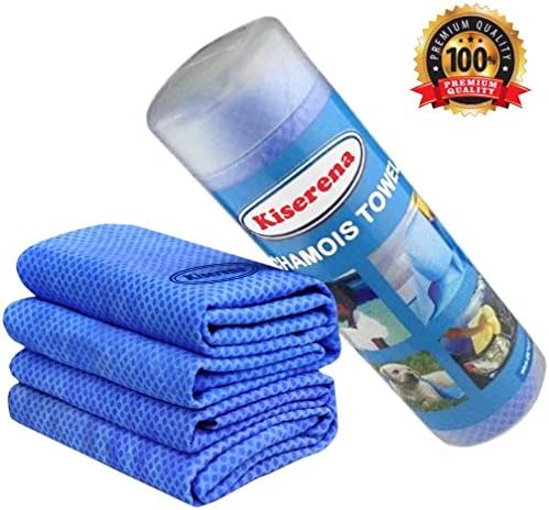 Kiserena Chamois Cloth Drying Towel (Blue) Ideal for Car Detailing. Lint-Free 26"x17" Super Absorbent Shammy.  Quality Cooling Towel for Sports, Gym Workouts or Hot Weather. 1 Towel Per Tube