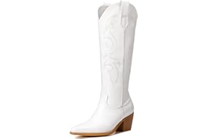 Platikly White Cowboy Boots for Women - Wide Calf Rhinestone Cowgirl Boots, Women Knee High Western Boots, Glitter Sparkly Ladies Tall Boots with Classic Embroidery and Side Zipper, Retro Classic Country Boots Pull On for Ladies
