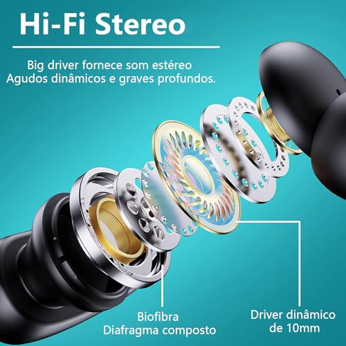 Fone de Ouvido com bateria de longa duração, Bluetooth Esportivo, Gancho de Orelha, com Microfone, Display Digital, Estojo de Carregamento, Preto