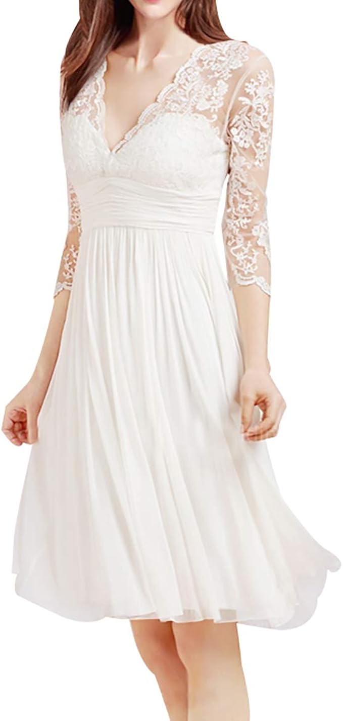 Midi Length Lace Wedding Bridesmaid Dress Women V Neck
