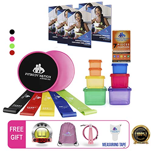 80 Day Obsession Equipment-Resistance Bands(5)& Core Sliders Fitness Discs(2)Set (Booty Bands) With 7pc 21 Day Fix Containers for Portion Control & Weight Loss E-Book Guide (Free Jump Rope & Backpack)