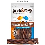Jack&Pup 6” Premium Grade Braided Junior Bully Sticks Odor Free Dog Treats (4 Pack) – 6” Long All Natural Gourmet & Tender Dog Treat Chews – Fresh and Savory Beef Flavor – Long Lasting Treat