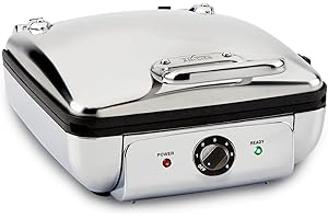 All-Clad Electrics Stainless Steel Waffle Maker 4 Section Nonstick, Upright Storage 1600 Watts 6 Browning Levels, Square, Belgium Waffle, Removable Plates, Dishwasher Safe