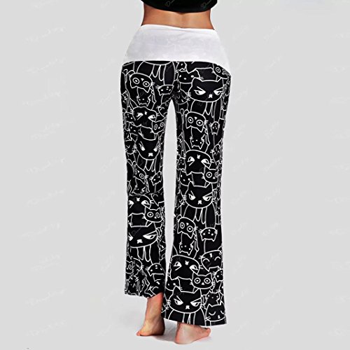 Minisoya Women Cat Printed Drawstring Casual Loose Lounge Yoga Pants Leggings Sweatpants Palazzo Wide Leg Trousers (Black, S) - Thumbnail 2