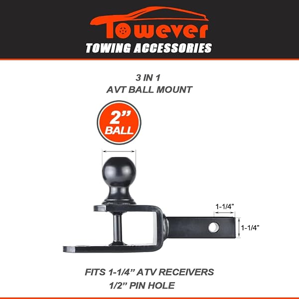 TOWEVER 84031 TOWEVER ATV HITCH BALL MOUNT 2 INCH BALL WITH 1-1/4 INCH SOLID SHANK, WITH 1/2 INCH PIN & CLIP, RATED 2000 LBS