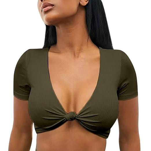 Andouy Damen Kurzes Oberteil mit tiefem V-Ausschnitt Gr.36-44 Sexy Party Shirt Bluse