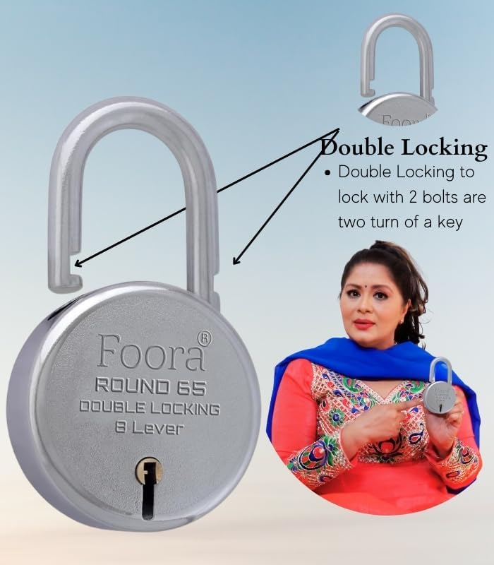 Foora Lock and Keys, Door Lock for Home, Round 65mm Padlock Pack of 2 with 5 Keys Each, 8 Lever Heavy Duty Double Locking System for Gate, Shutter, Main Door, Silver Finish. 4