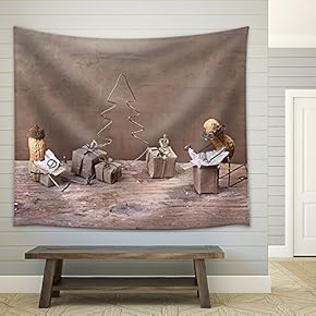 Miniature with Peanut People on Christmas Unpacking Their Presents - Fabric Wall Tapestry Home Decor - 51x60 inches