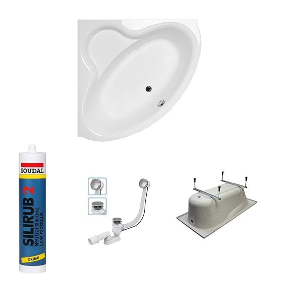 The North Bath FLOWER Asymmetrische Eckwanne Eckbadewanne 120x120 cm Wanne ohne Wannenträger Ablaufgarniur Silikon und Füßen