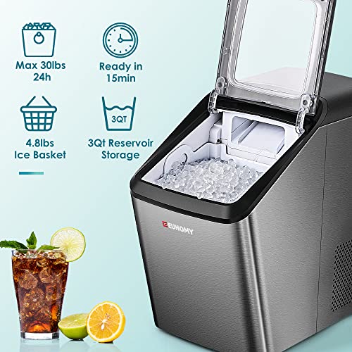 EUHOMY Nugget Ice Maker Countertop, 30lbs/Day, 2 Way Water Refill, Self