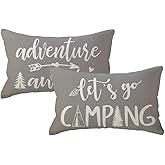 ULOVE LOVE YOURSELF Adventure Camper Decorative Lumbar Pillowcase Double-Sided Let’s Go Camping/Adventure Awaits Throw Pillow Covers Cabin/Camper Cushion Covers 12x20,2Pack for Sofa/Couch/Porch(Grey)