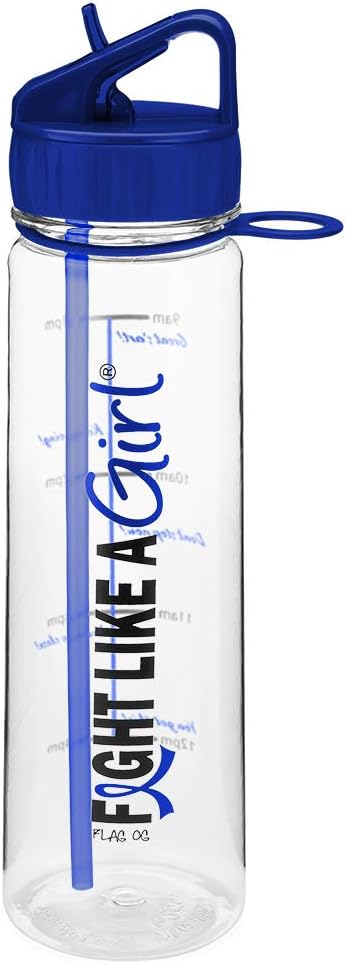 Fight Like a Girl Hybrid SlimKim 30 oz Motivational Water Bottle with Time Marker for Colon Cancer, Rectal Cancer, Colorectal Cancer Awareness - Clear Water Bottle for Workout, Gym, Travel - Blue