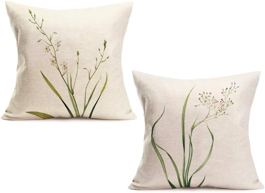 Smilyard Spring Flower Throw Pillow Covers Green Leaf with Floral Cotton Linen Decorative Pillow Covers Square Pillow Cushion Cover 18x18 Inch for Garden Theme Home Set of 2 (Spring Flower 2PS)