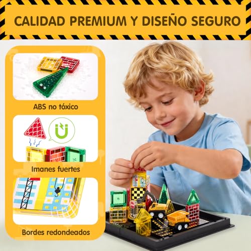hahaland Construcciones Magnéticos de Viaje para Niños, 42 Piezas Bloques Magneticos Construccion Niños con Caja Portátil, Carreteras y Vehículos, Juego Montessori STEM para Niños 3 4 5 6 Años