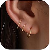 3 Pairs 14K Gold Plated 925 Sterling Silver Thin Small Gold Hoop Earrings Set for Women -Tiny Cartilage Hoop Earring, Nose Rings Hoops, Mini Helix Piercing Jewelry, Dainty Tragus Earrings, 6mm 7mm 8mm