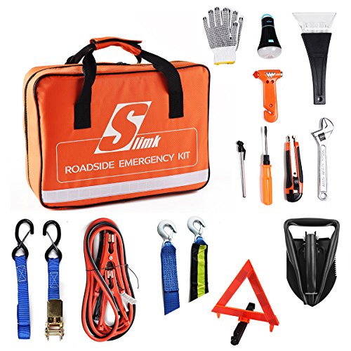 SlimK Car Emergency Kit Roadside Safety Kit with Jumper Cables Folding Shovel,Heavy Duty Tow Rope,Safety Hammer Window breaker,Tie Down Straps Ratchet,Ice Scraper