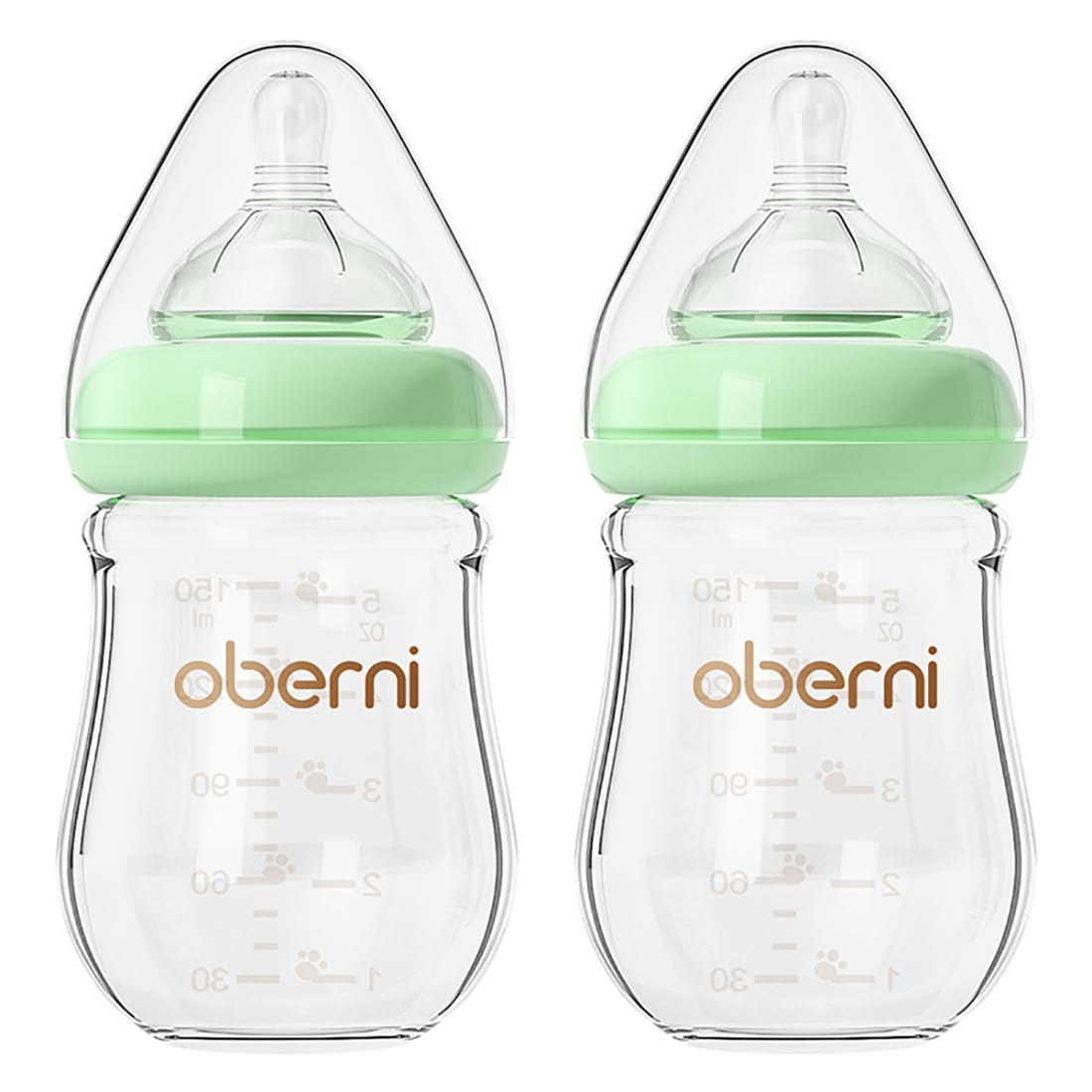Oberni Anti-Colic Glass Baby Bottles with Slow Flow Breast-Like Silicone Teat, 150ml, 0+ Months, Wide-Neck, Green/2Pack