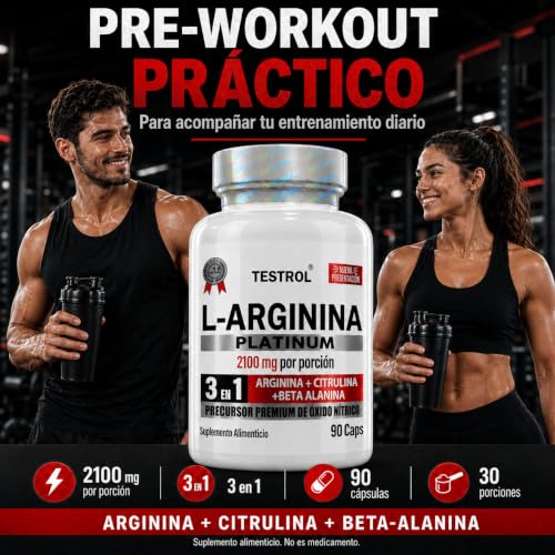 Arginina Platinum 2100mg por porción | L Arginina + L Citrulina + Beta Alanina | Pre Workout | Pre Entreno sin Cafeina | Precursor de Oxido Nítrico | Testrol TSN (90 Cápsulas).