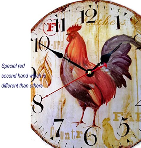 10 Inch Vintage Farmhouse Kitchen Wall Clocks Battery Operated Rooster Analog Clock for Dinning Living Room Decor,Thicken Wood Board,Non-Ticking