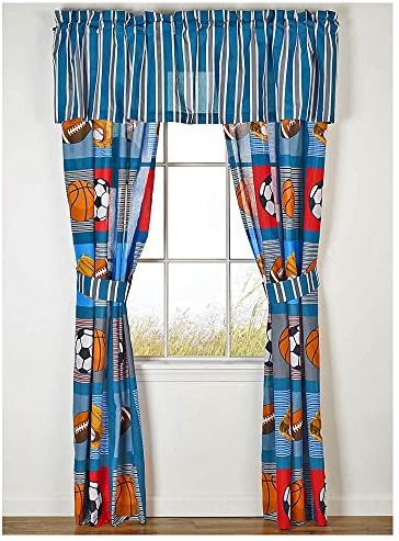 Boys Sports Patch Football Baseball Basketball Soccer Ball Blue Window Treatment Drapery Set (4 Pieces) Valance NOT Included (Drapes - 2-Panels w/2-Tiebacks 42" ea. = 84" x 84")