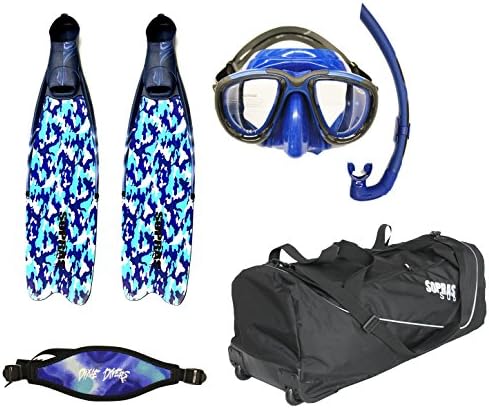 Sopras Sub Scuba Diver Package with New Travel Rolling Bag Modular CAMO Fins Detachable Blade Size Medium Mares Tana Mask Mares Dual Snorkel DXDiver Neoprene Mask Strap Blue freediving luggage scuba