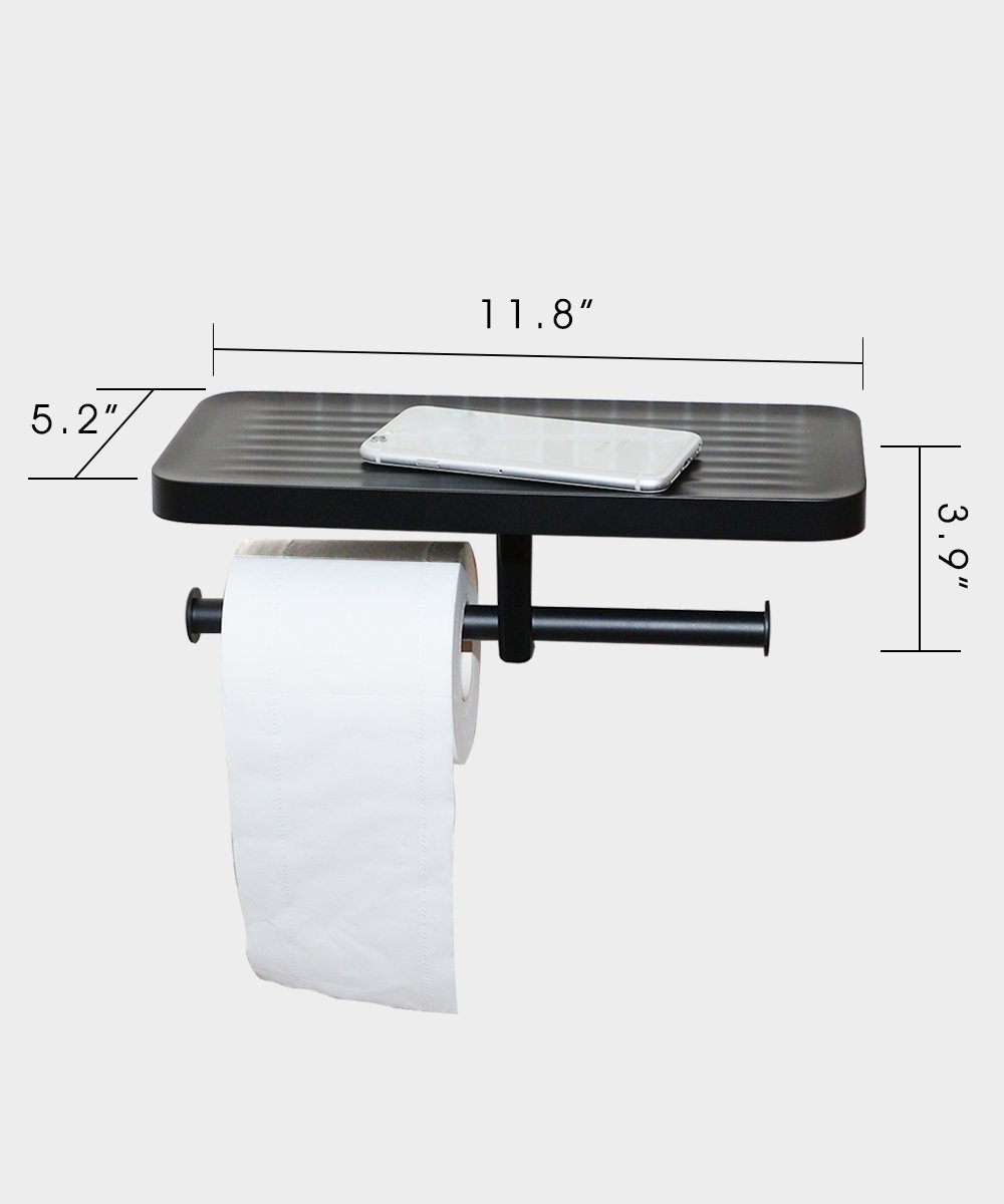 CRW Toilet Paper Tissue Holder Double Roller Hanger with Cell Phone Shelf Rack Dispenser for Bathroom Kitchen Black Wall Mounted C8091