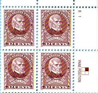 1995 JAMES POLK #2587 Plate Block of 4 x 32 cents US Postage Stamps