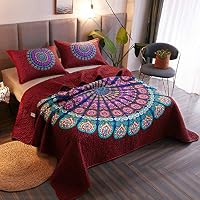 LAMEJOR Quilt Set Queen Size Bohemian Pattern 3-Piece Luxury Comforter Set Bedspread/Coverlet/Bed Cover Lightweight Microfiber Wine Red
