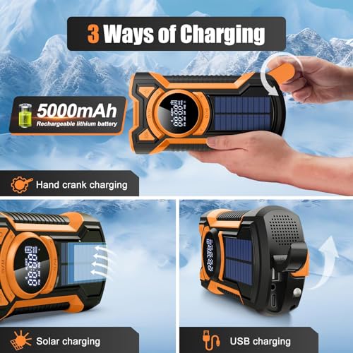 Rechargeable Portable Radio Dynamo with LED Flashlight, Power Bank 5000mAh AM/FM Radio Crank Solar, SOS Alarm/Flashlight/3W Speakers, Outdoor, Emergency