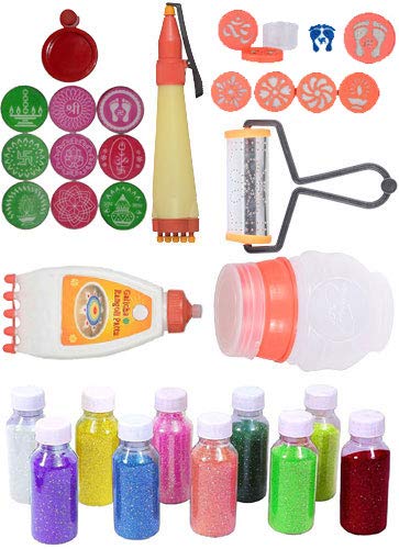 Odishabazaar Ready to Draw Rangoli Making Kit 9 Stencil 4(Navrang Set) + 6 Stamp + 1 Roller + 1 Rangoli Pen + 1 Filler + 1 Rangoli Galicha Patta + 10 Bottle Color(100gm)