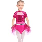 AFAVOM Toddler Girls Sequin Ballet Leotard Sparkly Gymnastics Dance Mesh Leotard Skirted Feather Mock Neck Ballerina Outfit