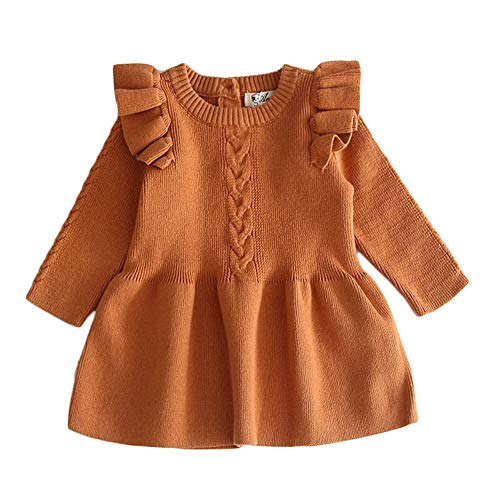 mlpeerw Toddler Baby Girl Knitted Dresses Kids Solid Ruffle Long Sleeve One Piece Dress Fall Winter Warm Sweater Outfits (Yellow,2-3T) - Thumbnail 5