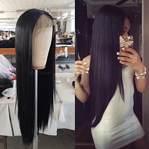 QD-Tizer Black Color Long Hair Synthetic Lace Front Wig Glueless Silky Straight Hair Wig for Fashion