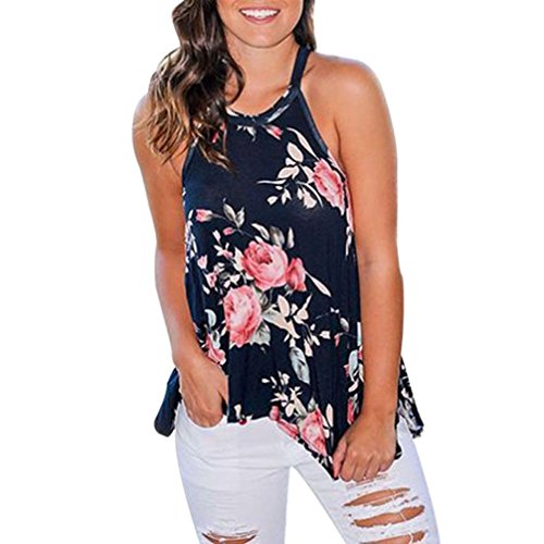 Gyouandme Summer Print Shirt Blouse Crew Neck Sleeveless Flowy Tank Tops (M, Blue)