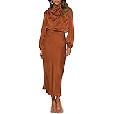 Pink Queen Women's Elegant Long Sleeve Satin Dress Mock Neck Elastic Waist Cocktail Party Wedding Guest Midi Dresses