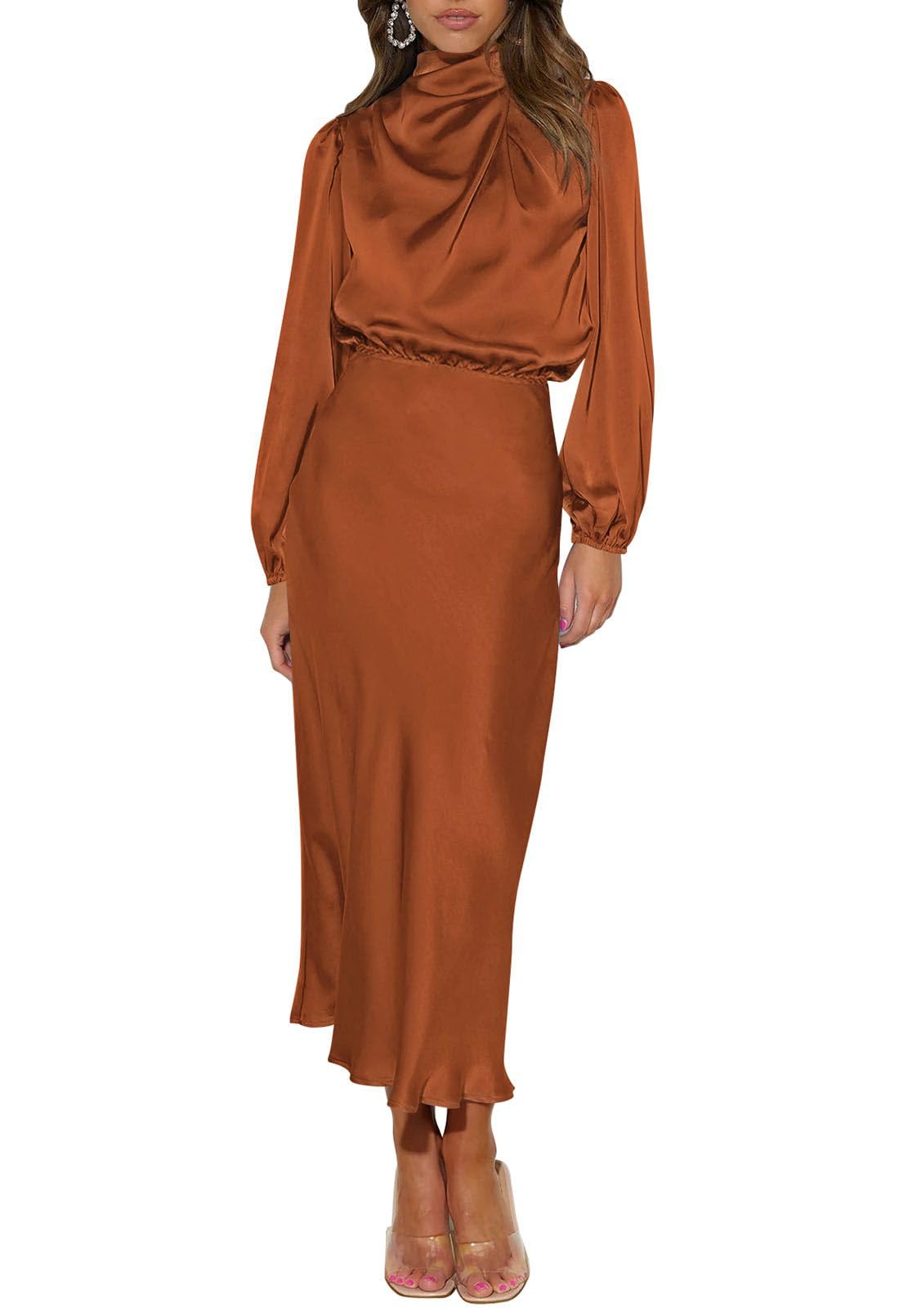 Photo 1 of (medium) (bagged) Women's Elegant Long Sleeve Satin Dress High Neck Elastic Waist Cocktail Wedding Guest Midi Dresses Sugar Almonds M