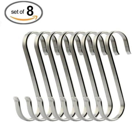 Set of 8, Premium Flat S Shaped Hooks Hangers, Stainless Steel Metal for Kitchen Pot Pan Hanger Clothes Storage Rack. Door hanger, Towel hanger, Curtain hanger, Heavy Duty, HOUSEWISE