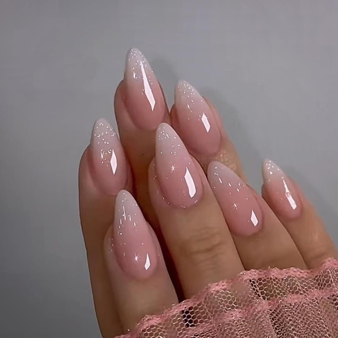 JUSTOTRY 24 Pcs Gradient Pink Almond Short False Nails,Solid Nude Press on Nails Pattern,Glossy Fake Nails Short,Oval French Medium Stick on Nail for Women and Teens Nail Art