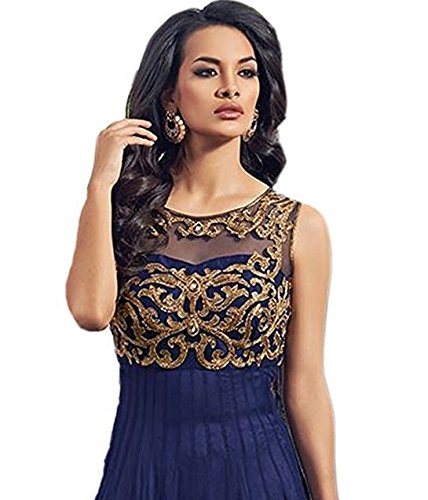 pramukh fashion women's net gown with jacket (coper blue)