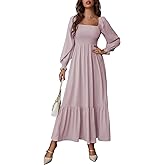 LIGHT DOT Women's Sqaure Neck Casual Dress Long Sleeve Maxi Ruffle Shirred Flowy Long