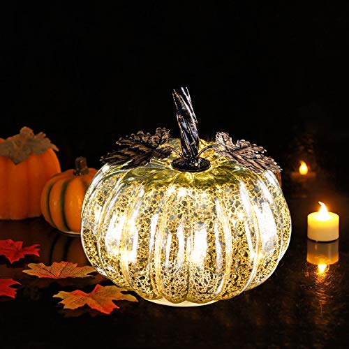 denlix Mercury Glass Pumpkin Lights Fall Decor, Battery Operated LED Timer 5.5 Inches Pumpkins Decor