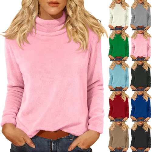 Women's Casual Solid Flannel Turtleneck Sweatshirts, Fall and Winter Trendy Loose Fit Jumpers Long Sleeve Pullover Soft Tops Ladies Outdoors Comfy Clothing (Pink, L)