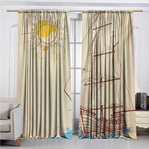 Anzhutwelve Nautical,Valance Curtains Nautical Pattern of Sailing Boat in Windy Sea with Splashed Sun Cruising Galleon W72 x L84 Rod Curtain