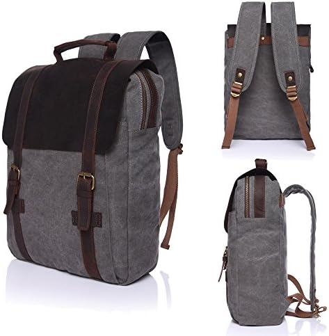 Vintage Canvas Leather 15.6inch Laptop Backpack School Bookbag Travel Rucksack 15inch Laptop For Women And Men (Dark grey)