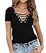 Women/Girls Sexy Deep V Neck Lace Up Short Sleeve Top Black X-Large