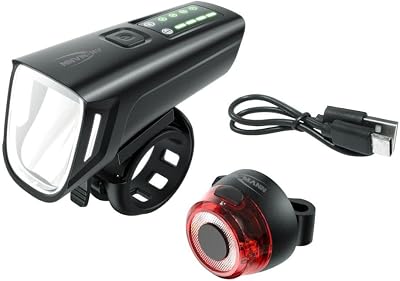 Juego de luces para bicicleta homologadas por StVZO con LED CREE / 140 m de alcance, 35 lux, 170 lúmenes, IPX4, funciona con batería, recargable mediante USB/luz de rueda, juego compuesto de