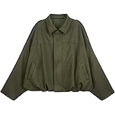 Skoinvb Womens Bomber Jacket Faux Suede Casual Cropped Pilot Coat Lapel Collar Causal Oversized Trendy Outwear